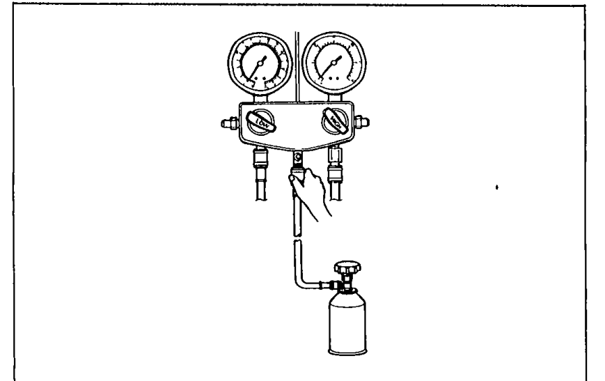 Manifold gauge set with the centre hose nut loosened at the gauge body to expel air from the line. The setup is the same as fig4 with the nut shown being broken loose.