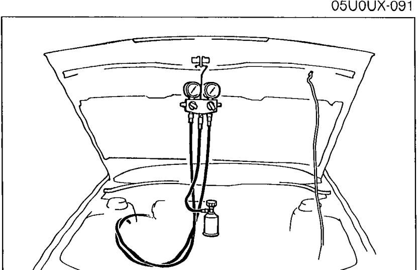 Refrigerant container with the service valve and hose routed through to the manifold gauge set installed on the vehicle for the leak-test charge step.