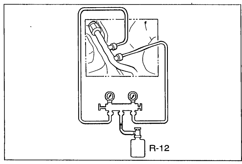 Diagram of a refrigerant container service valve connected to the manifold gauge set with an R-12 container shown beneath, illustrating steps 1-3 of charging.