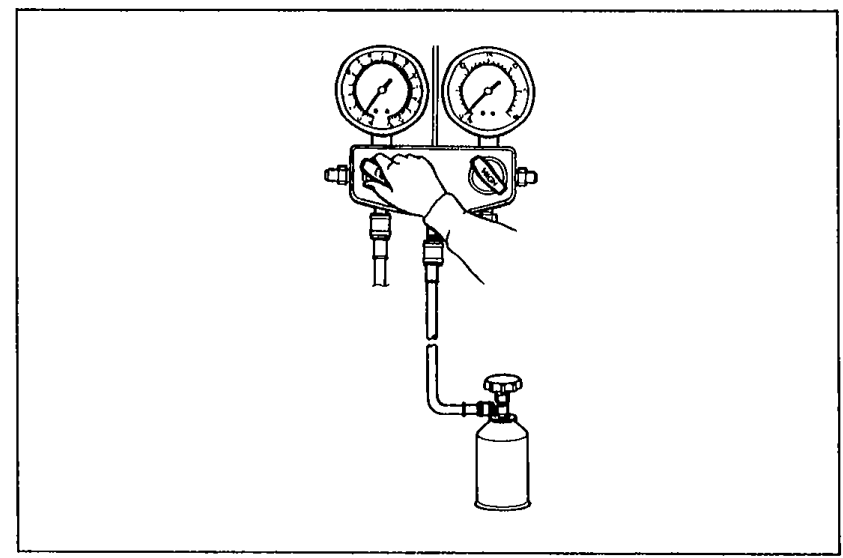Manifold gauge set with both gauges visible, connected via hoses to a refrigerant container shown at the bottom, illustrating step 4 (charging the system).