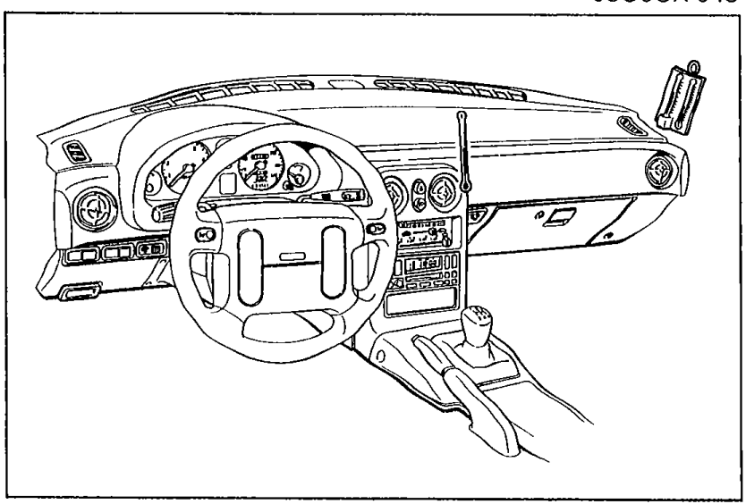 View of the instrument panel / dashboard interior of the MX-5 showing the steering wheel, center console with audio unit, and the center ventilator outlets. Illustrates step 6 of placing a dry-bulb thermometer in the center ventilator outlet during performance test.