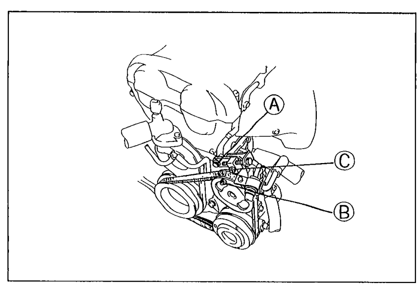 Front of the engine showing the P/S oil pump bracket area; callouts A and B mark P/S oil pump bolts, C marks the locknut, and D marks the adjusting bolt used to set drive-belt tension on a vehicle equipped with power steering.