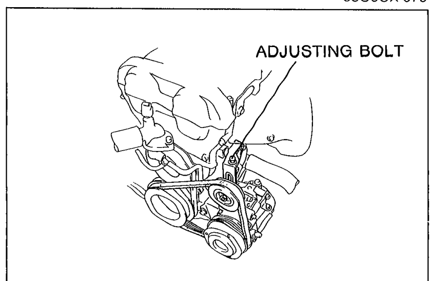 Front-of-engine view (Without P/S) highlighting the alternator adjusting bolt used to set drive-belt tension on a vehicle without power steering.