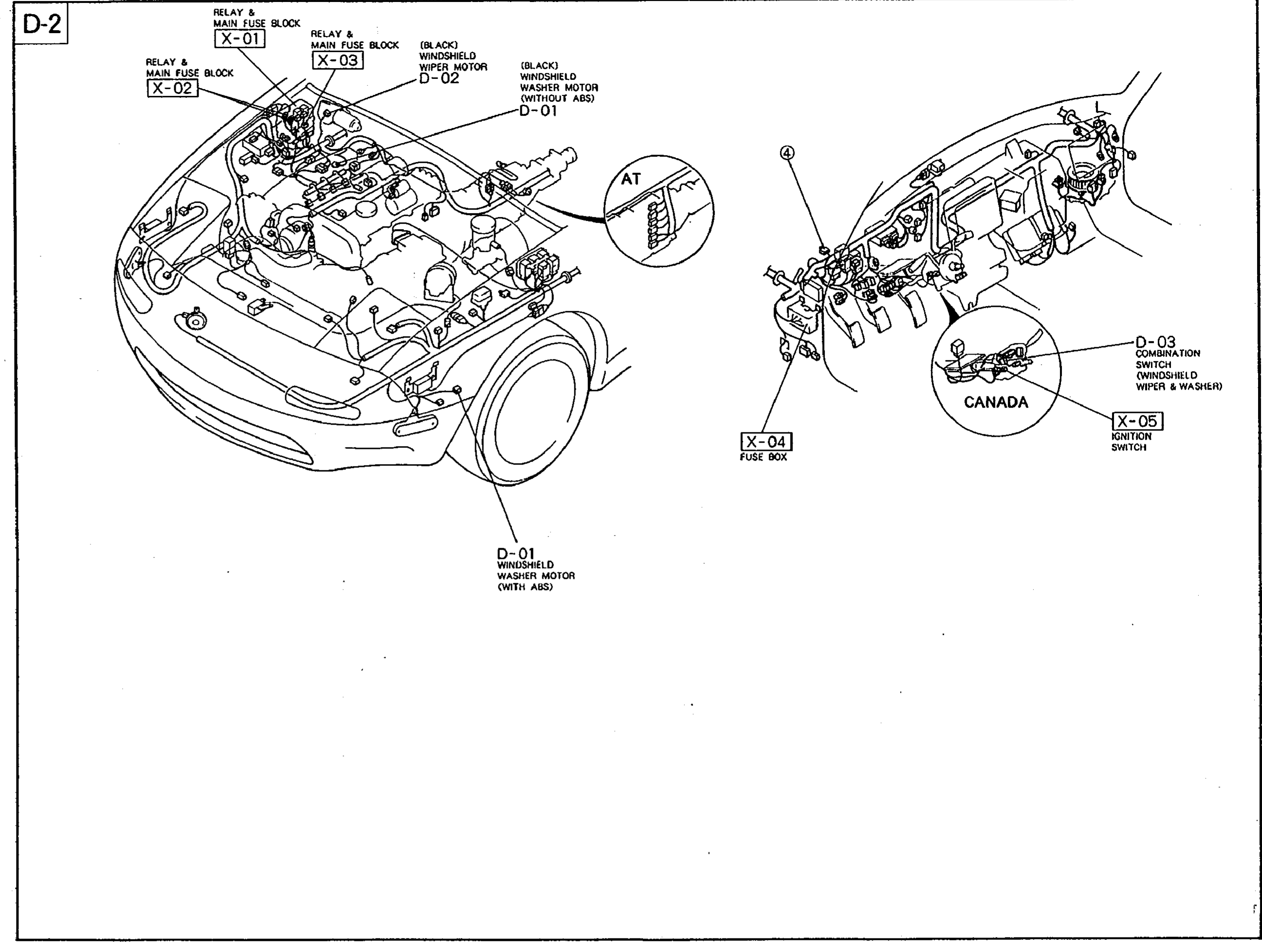 Canada-spec component-location illustration (label D-2) for the windshield wiper & washer schematic. Left half shows engine bay with the relay & main fuse block (X-01, X-02, X-03), black windshield wiper motor labeled D-02, black windshield washer motor D-01 (without ABS) at the firewall, AT inset connector, and the alternate D-01 location near the front wheel for the with-ABS variant. Right half shows the dashboard/cowl harness with X-04 fuse box, X-05 ignition switch, and a CANADA-labeled circle highlighting the D-03 combination switch (windshield wiper & washer).