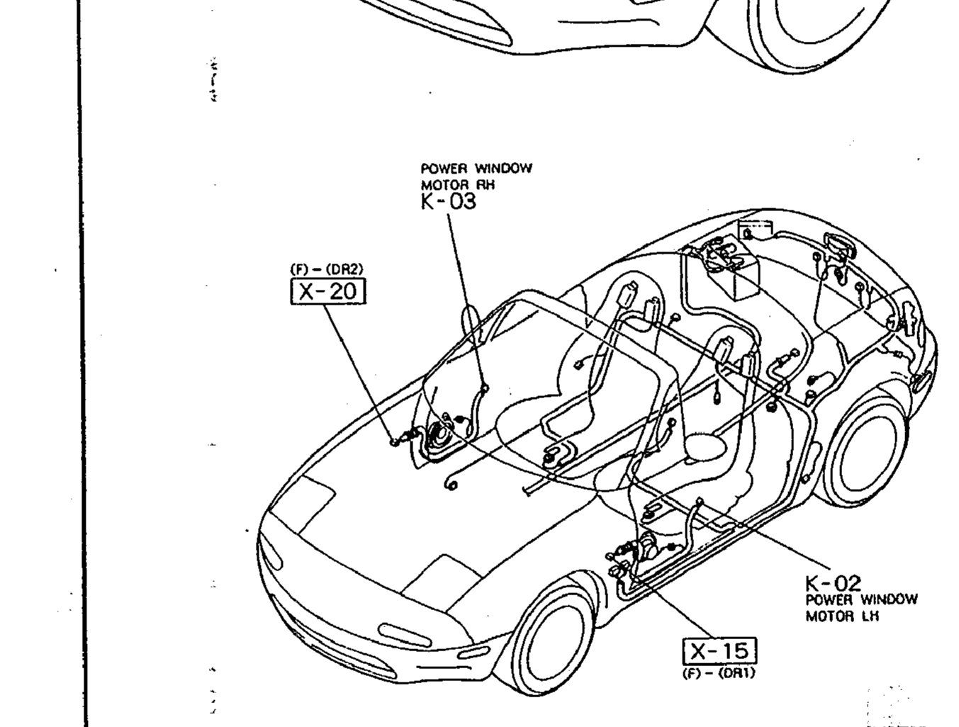 Side view of the body / interior showing the door-harness routing for the power-window motors. Callouts: K-03 POWER WINDOW MOTOR RH at top with X-20 (F)-(DR2); K-02 POWER WINDOW MOTOR LH at the bottom with X-15 (F)-(DR1). The body harness is sketched along the floor between the front and rear of the cockpit.