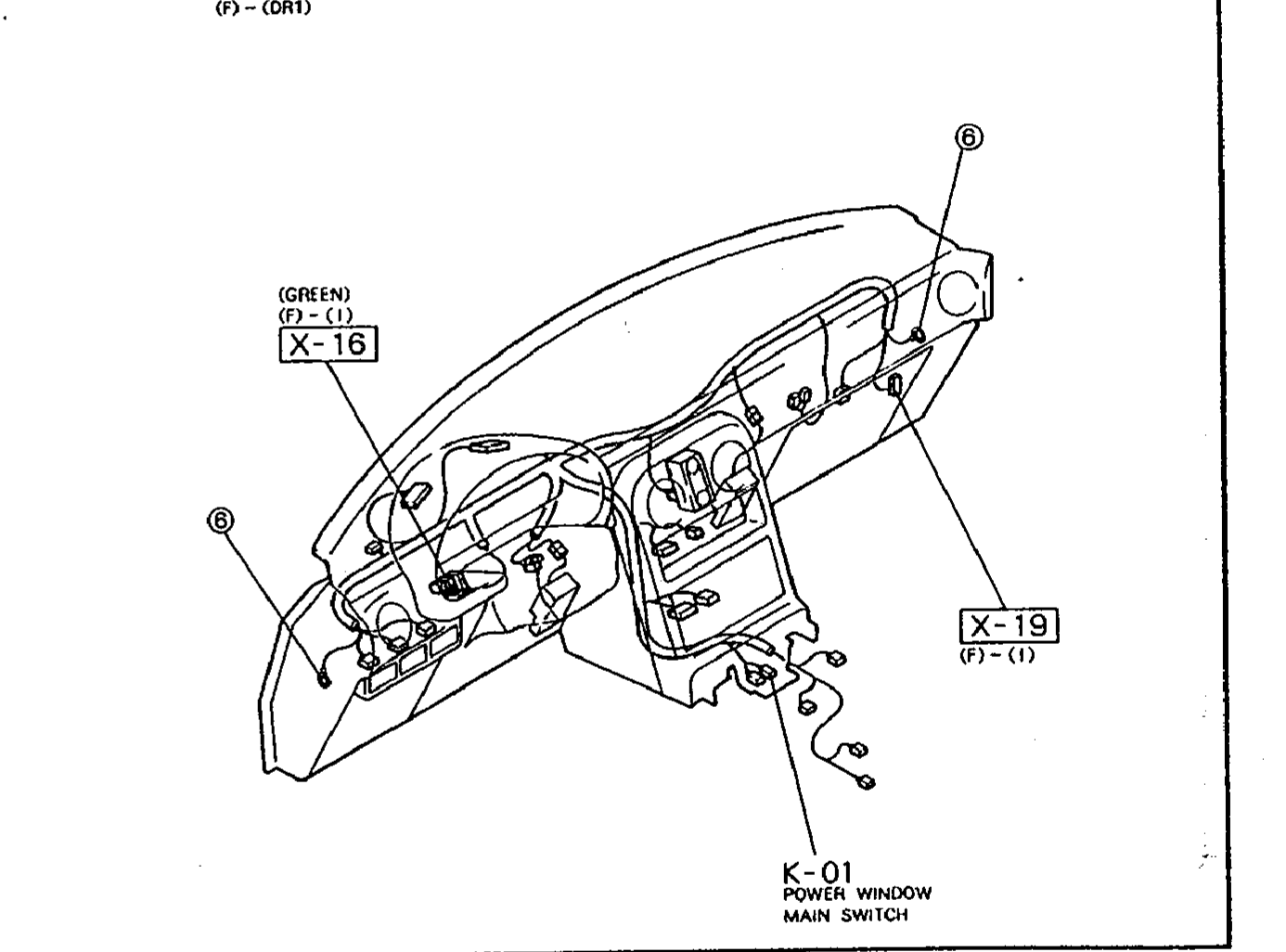Underside / inside view of the instrument panel showing the main switch harness route. Callouts: X-16 (GREEN) (F)-(I) connector at the top left; X-19 (F)-(I) connector at the right; K-01 POWER WINDOW MAIN SWITCH at the bottom center.
