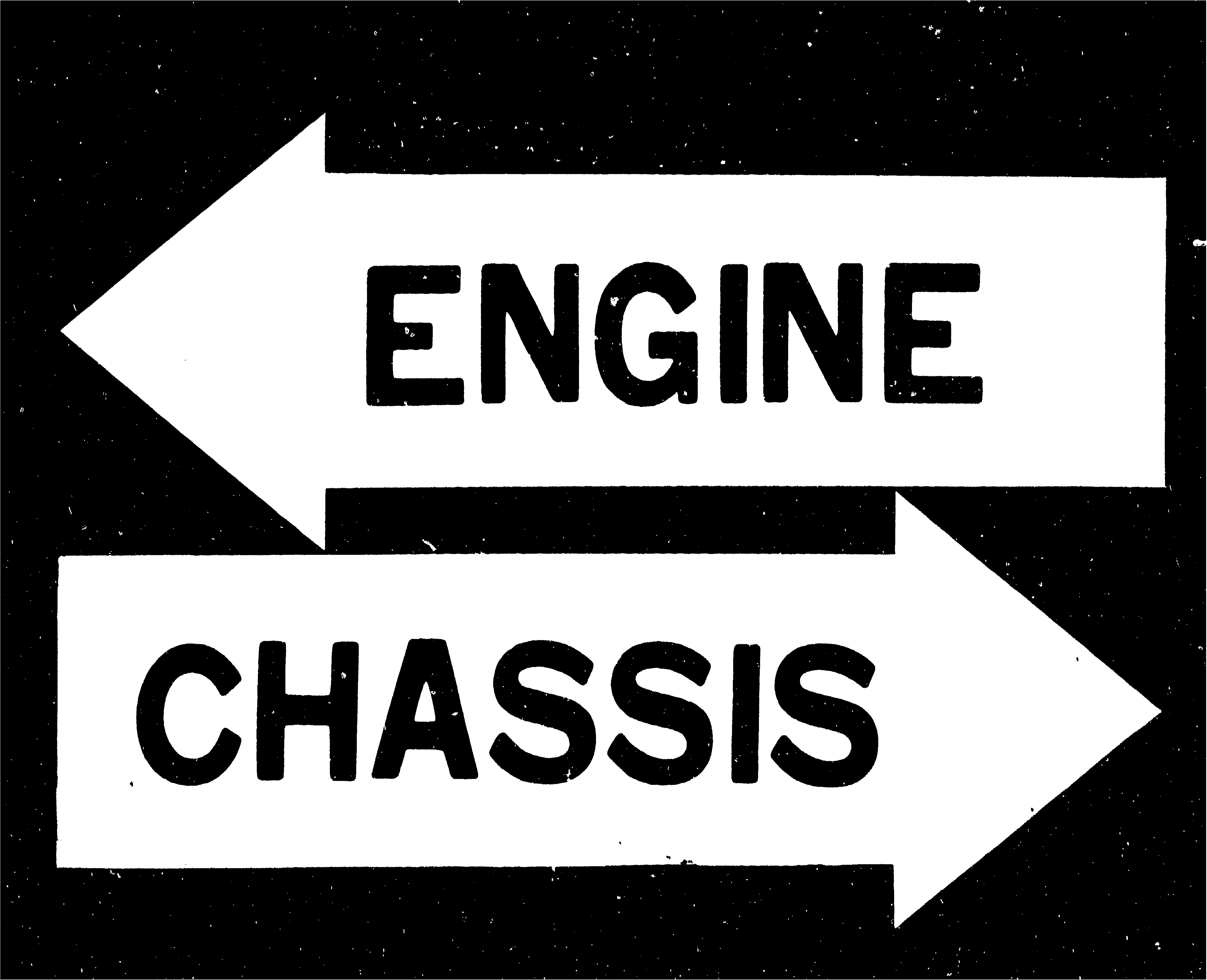 Section-divider graphic for the Parts Index (PI) catalog: two opposing arrows on a black background. The upper arrow points left and is labeled 'ENGINE'; the lower arrow points right and is labeled 'CHASSIS'. Marks the start of the catalog body that splits into Engine and Chassis sub-sections.