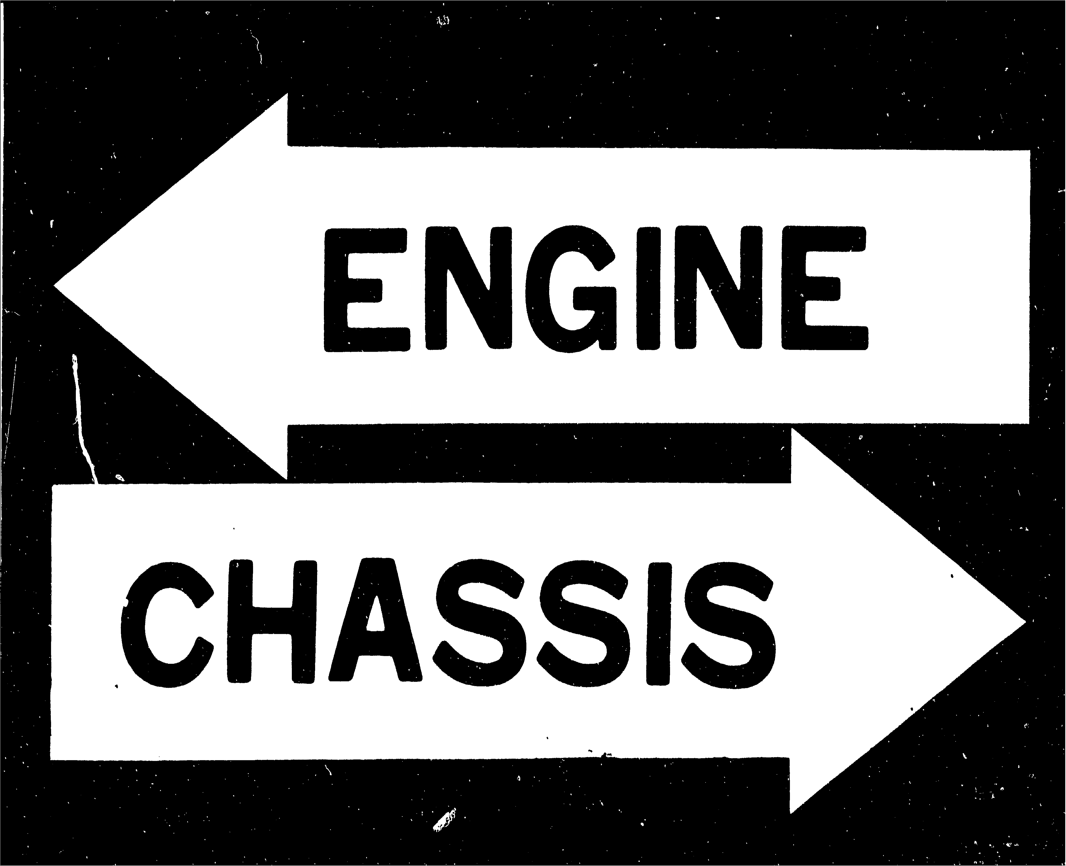 Section-divider graphic for the Parts Index (PI) catalog: two opposing arrows on a black background. The upper arrow points left and is labeled 'ENGINE'; the lower arrow points right and is labeled 'CHASSIS'. Marks the start of the catalog body that splits into Engine and Chassis sub-sections.