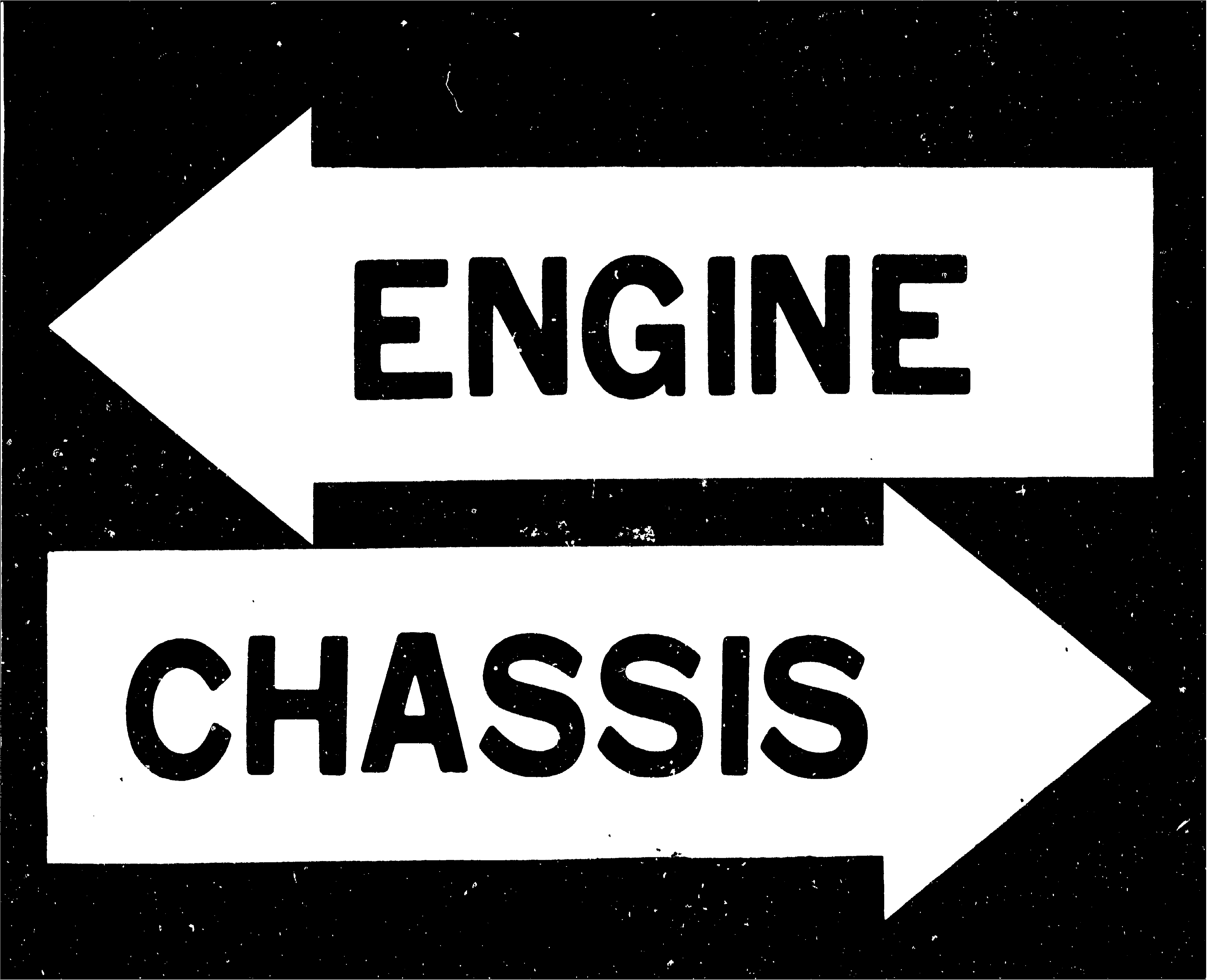 Section-divider graphic for the Parts Index (PI) catalog: two opposing arrows on a black background. The upper arrow points left and is labeled 'ENGINE'; the lower arrow points right and is labeled 'CHASSIS'. Marks the start of the catalog body that splits into Engine and Chassis sub-sections.